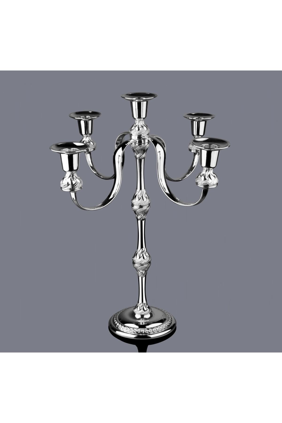 Gümüş Metal 5 Kollu Şamdan Mumluk Çap: 30cm H.40cm