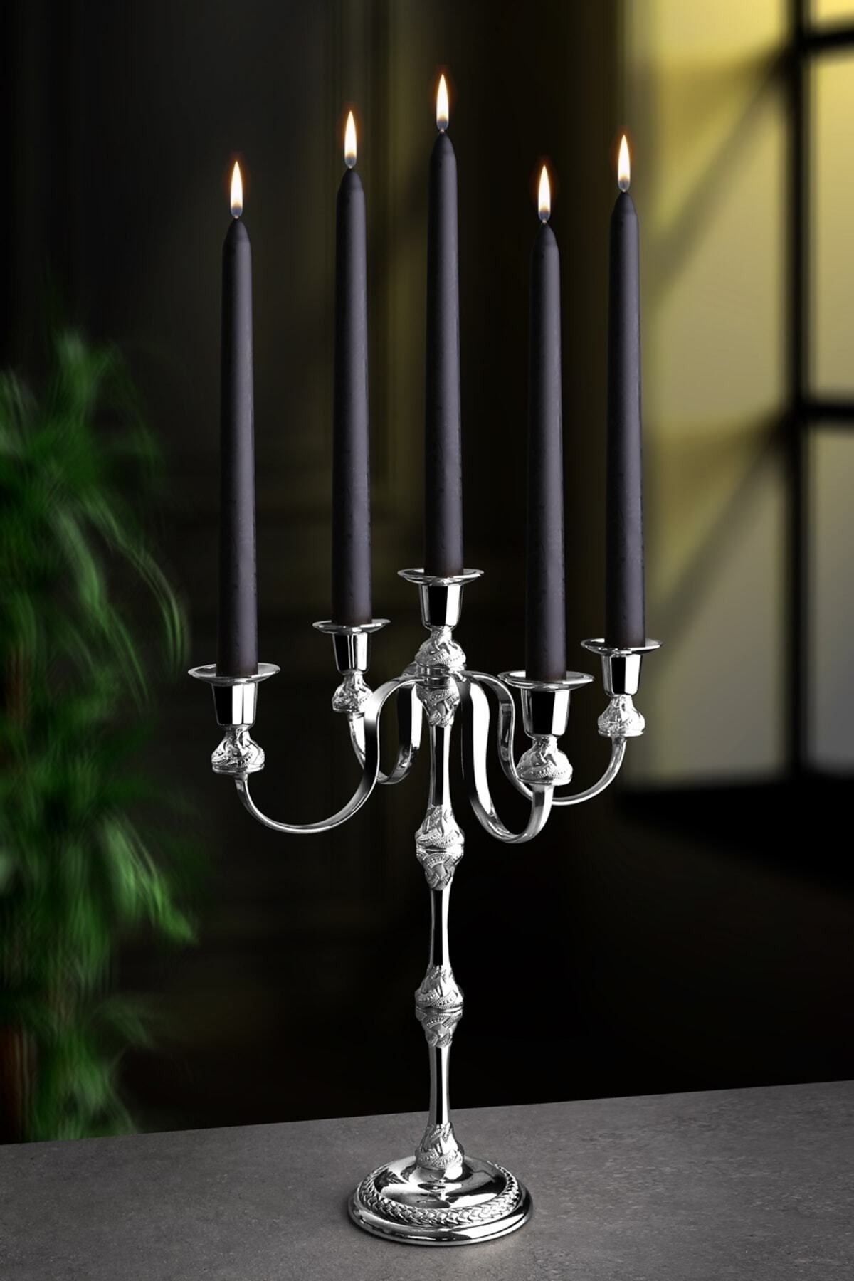 Gümüş Metal 5 Kollu Şamdan Mumluk Çap: 30cm H.40cm