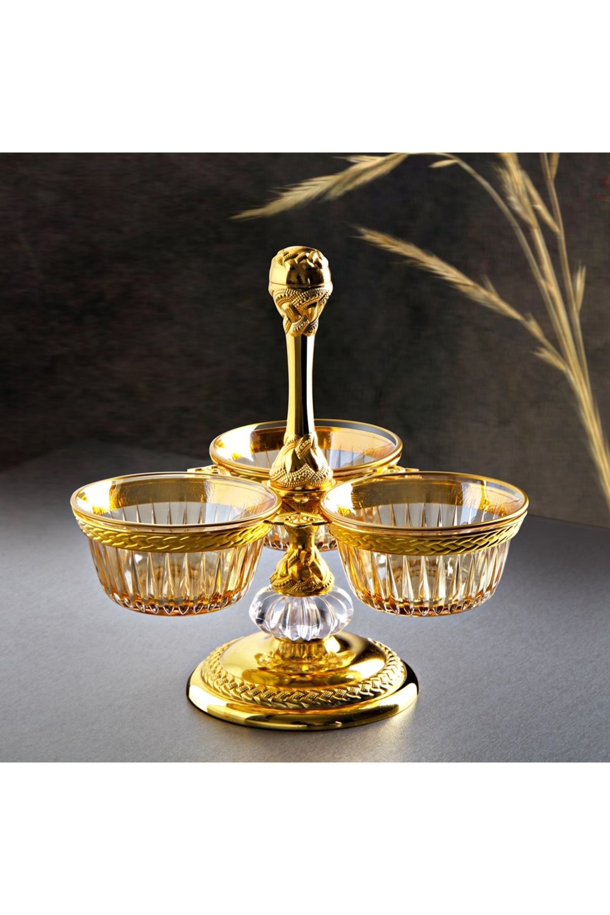 Gold Metal Cam 3 Bölmeli Servis Sunum Çerezlik