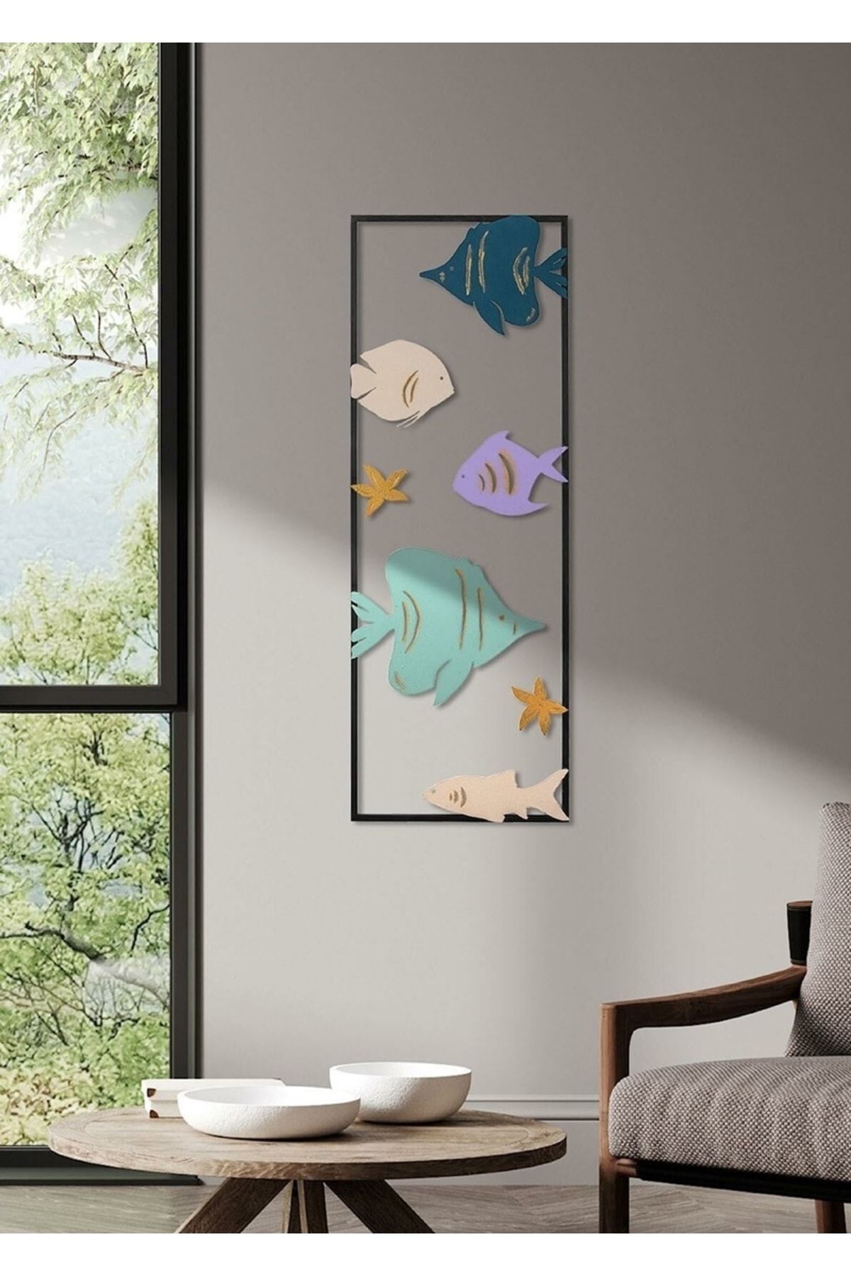 Metal Balıklar Siyah Ev Ofis Otel Duvar Süsü 32x90cm