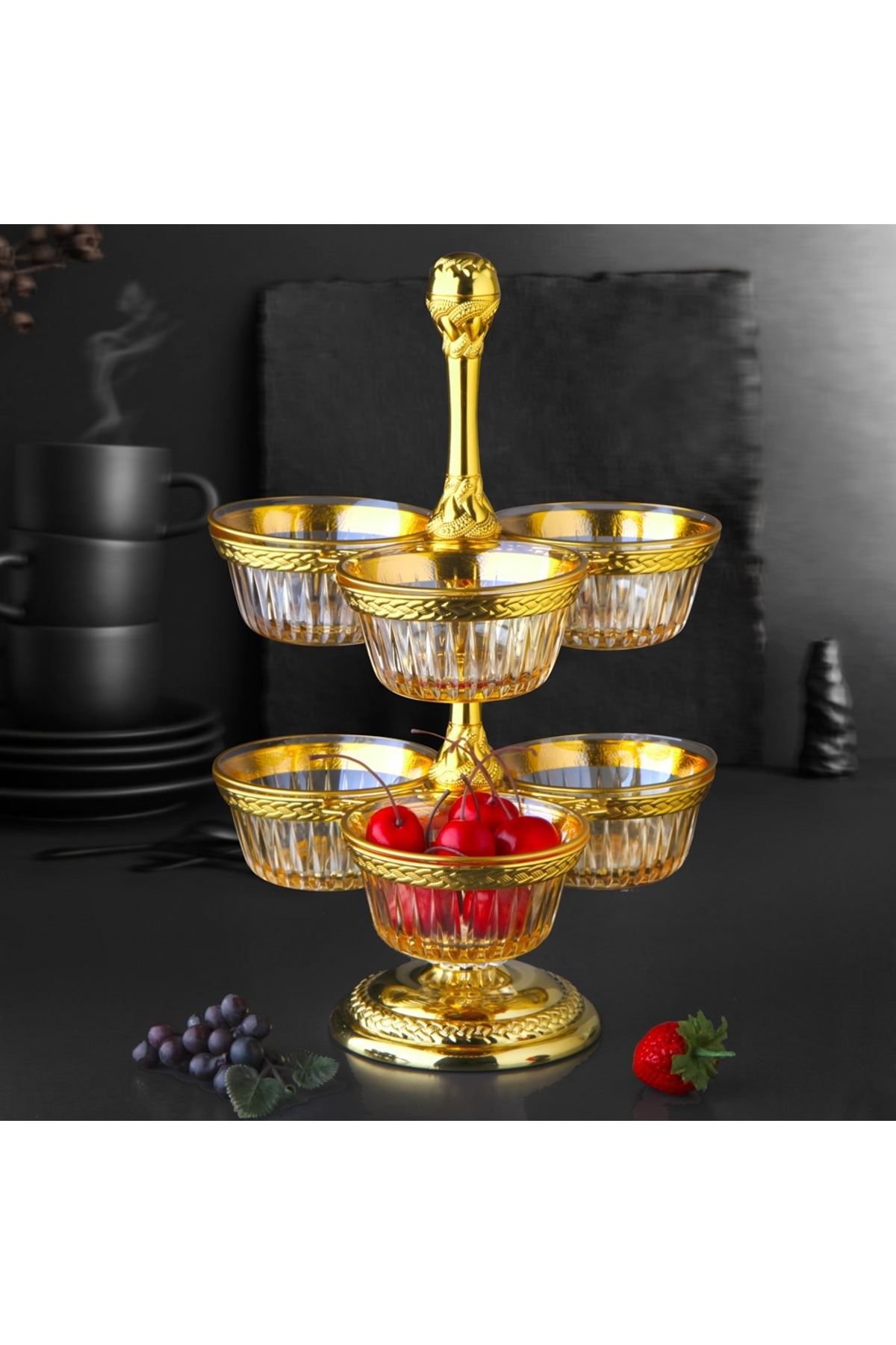 Gold Metal 6 Bölmeli 2 Katlı Servis Sunum Cam Çerezlik