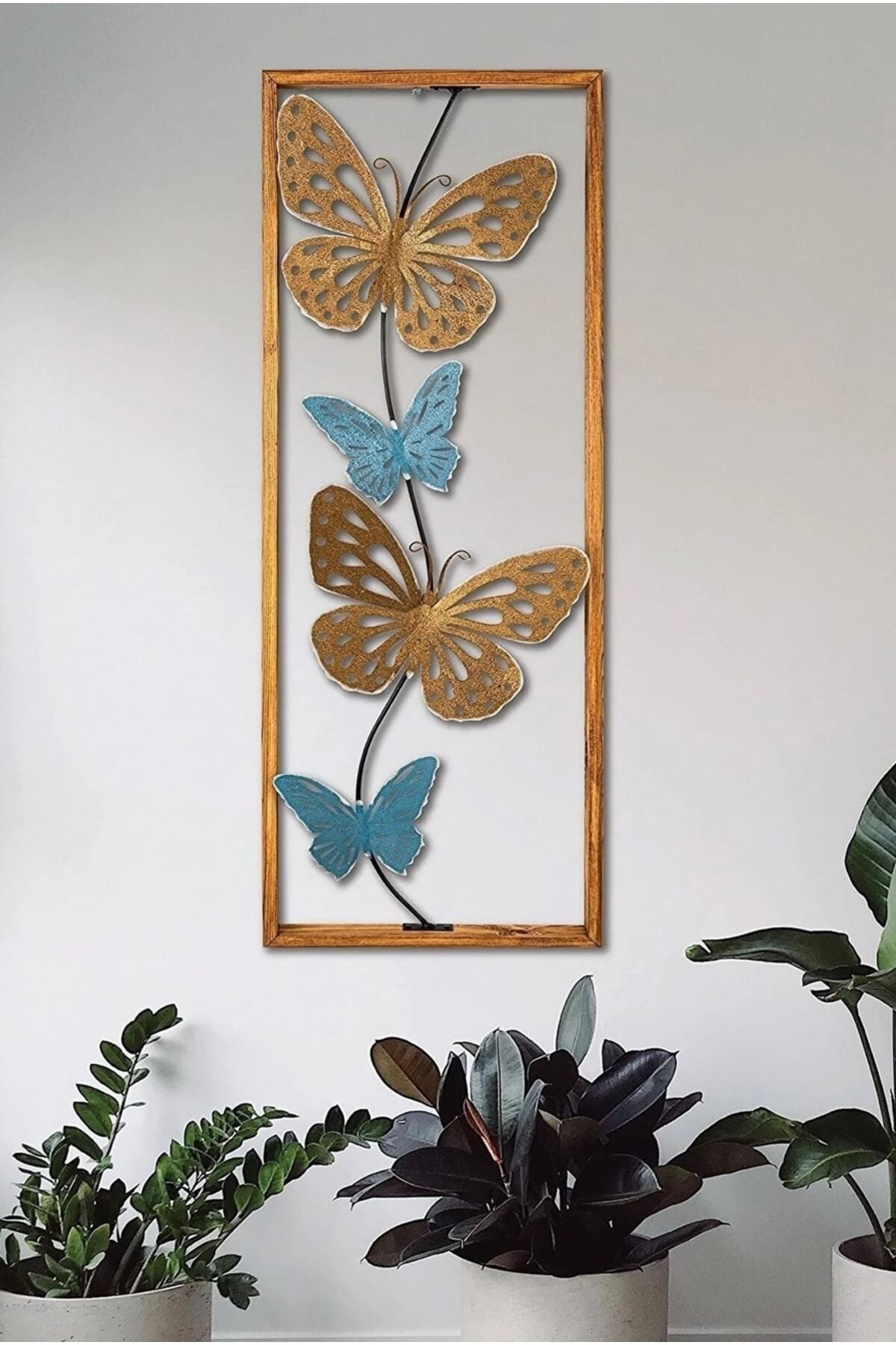 Ahşap Çerçeveli Metal Kelebek Dore Mavi Ev Ofis Duvar Süsü 32x90cm