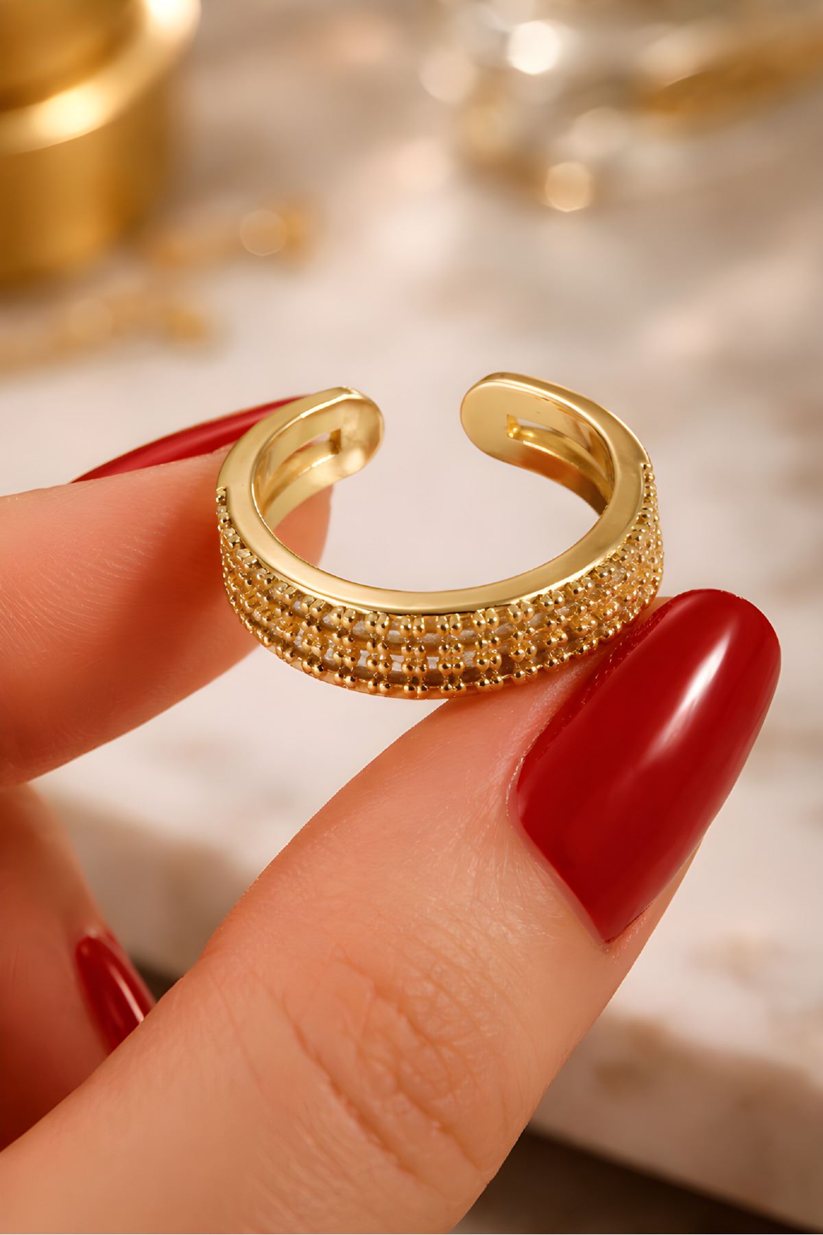 Gold Taşlı Çift Sıralı Yüzük, Ayarlanabilir