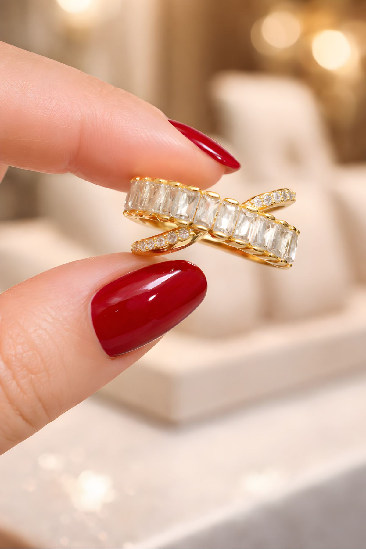 Gold Baget Taşlı Çapraz Yüzük, Ayarlanabilir