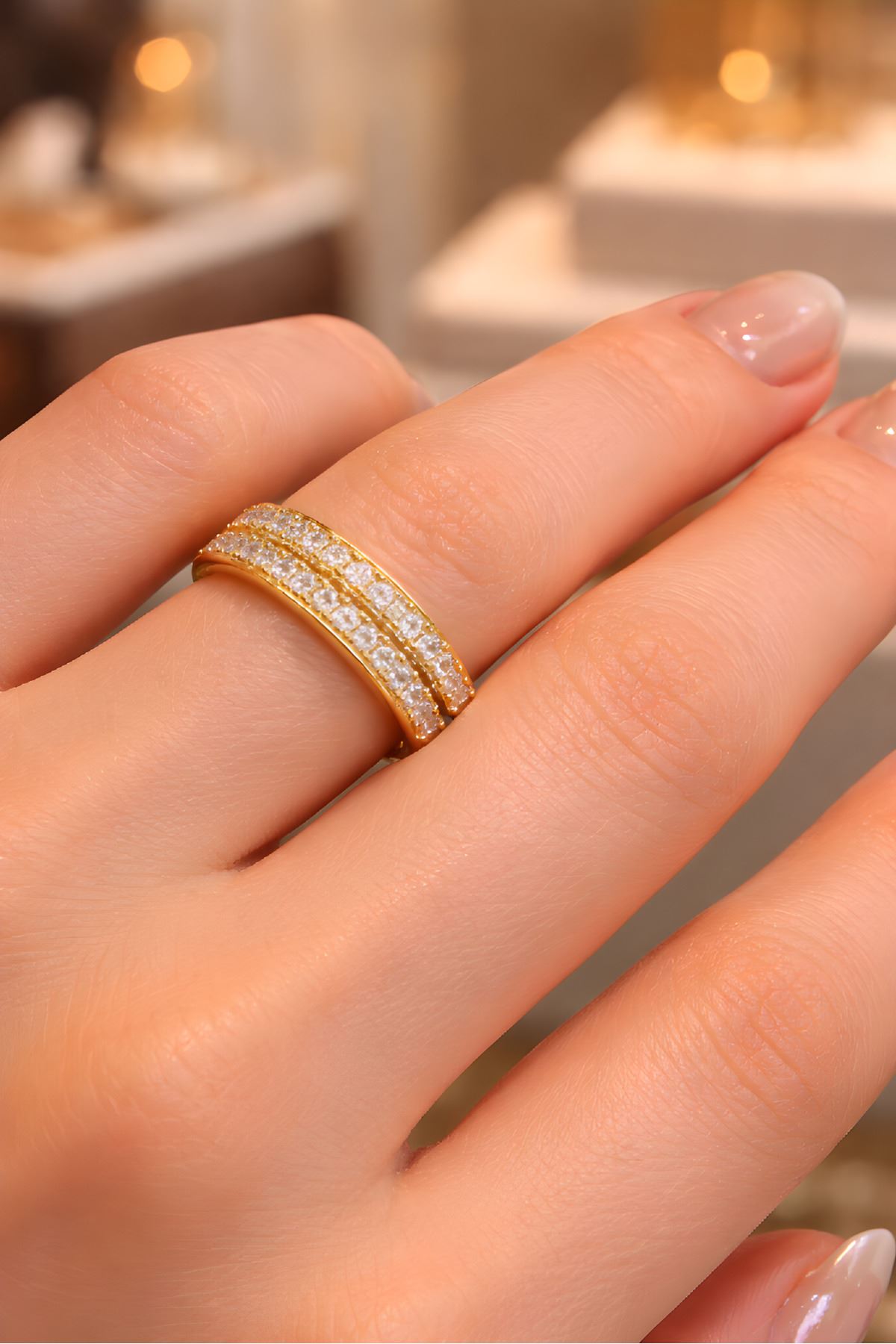 Gold Taşlı Çift Sıralı Yüzük, Ayarlanabilir