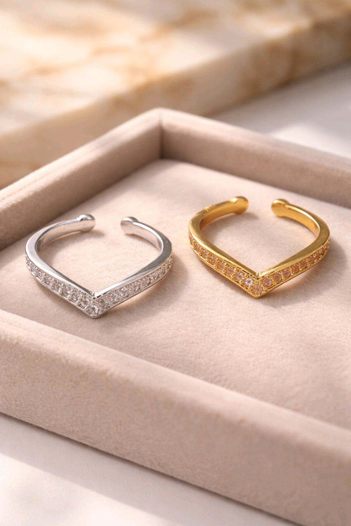Gold Ve Gümüş 2 Li Taşlı Yüzük, Ayarlanabilir