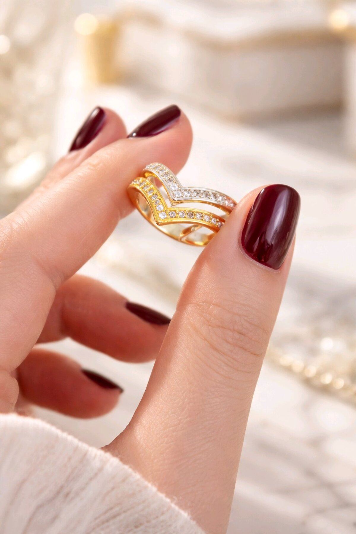 Gold Ve Gümüş 2 Li Taşlı Yüzük, Ayarlanabilir