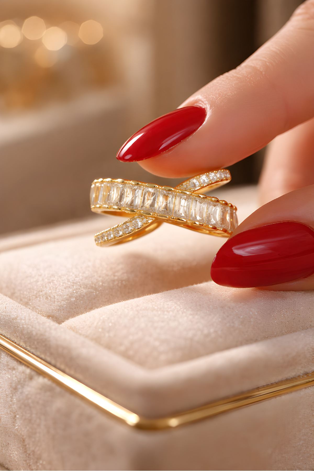 Gold Baget Taşlı Çapraz Yüzük, Ayarlanabilir