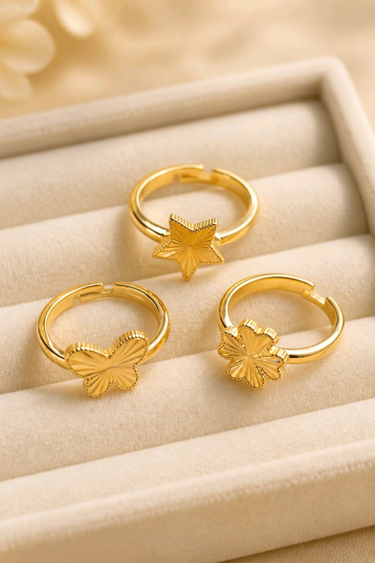 Gold 3 Lü Set Yıldız,Yonca ve Kelebek Yüzük, Ayarlanabilir