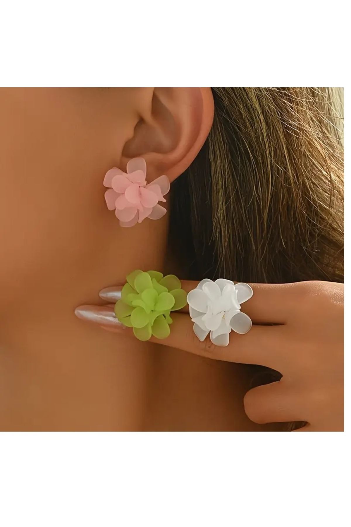 3 Çift Beyaz-Yeşil-Pembe Yaz Modası Kadın Küpe