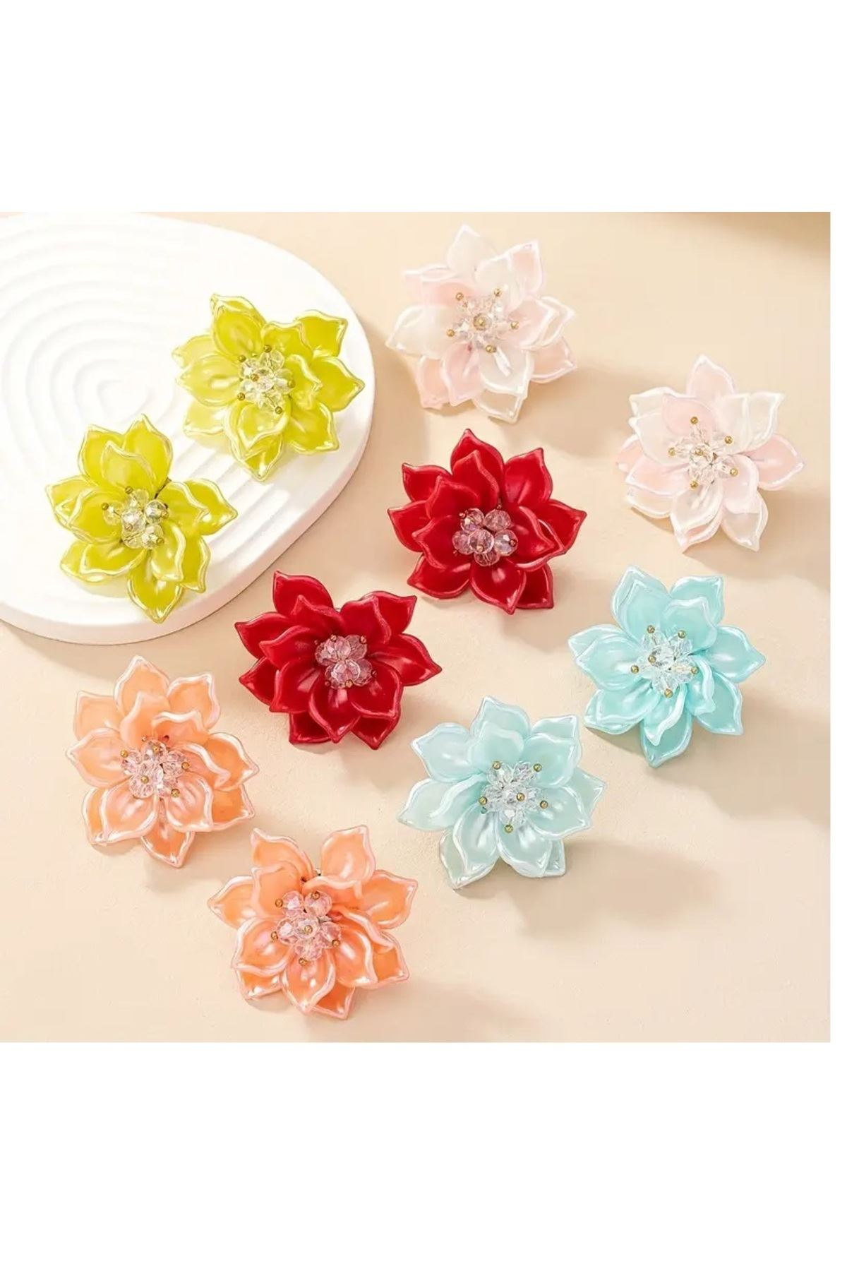Yeşil Çiçek Akrilik Yaz Modası Küpe, Çap: 4,5cm