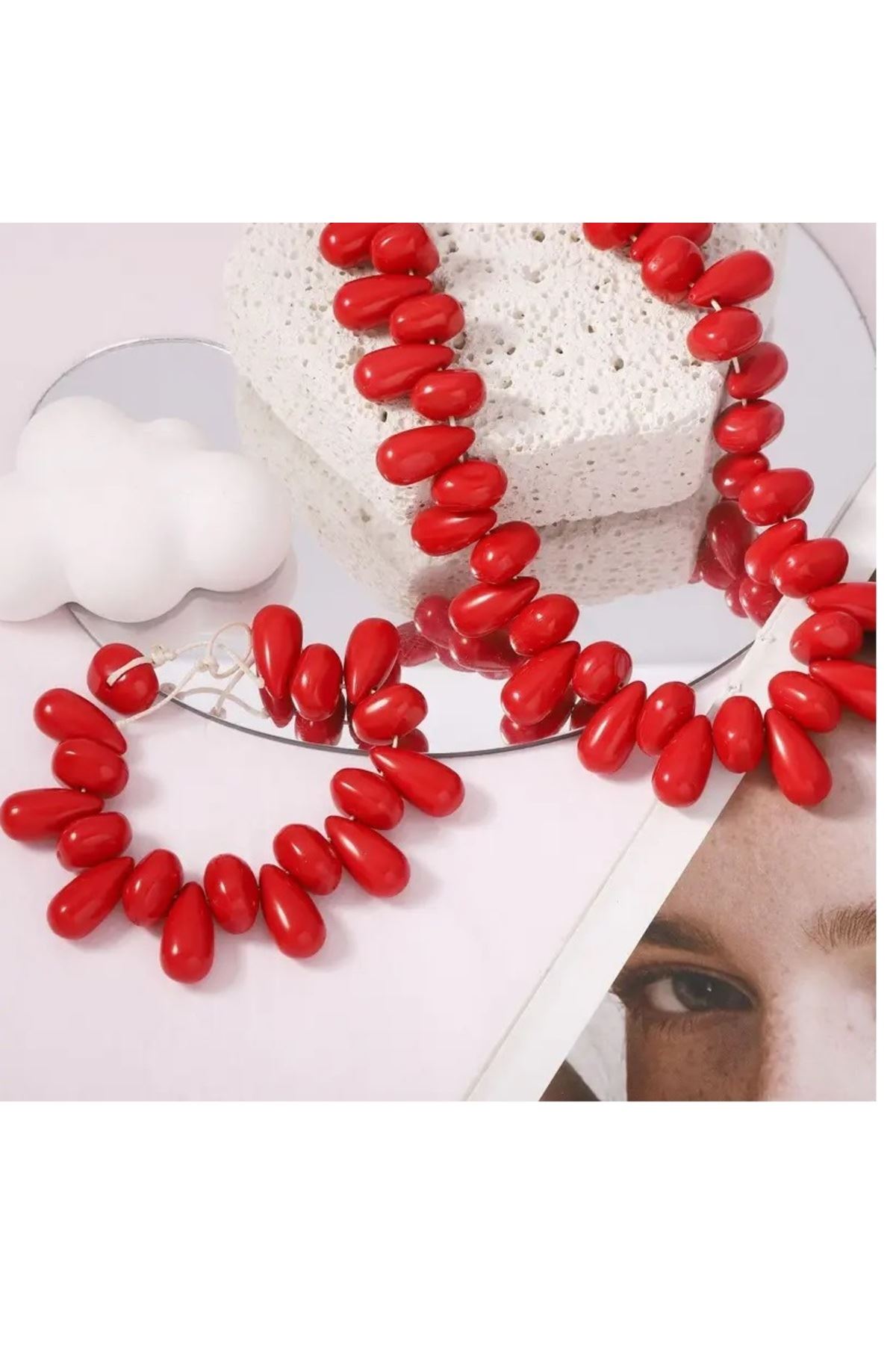 Kırmızı Boncuklu Su Damlası Elegant Kolye Ve Bileklik Seti