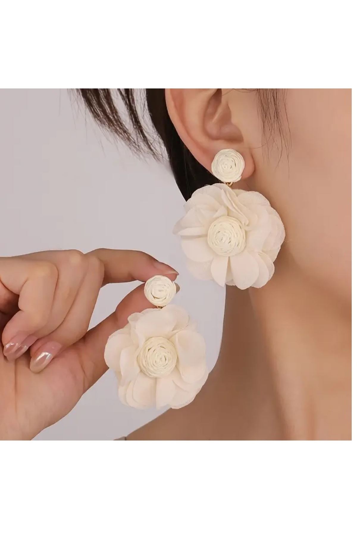 Turuncu Yaz Modası Kumaş Çiçek Kadın Küpe