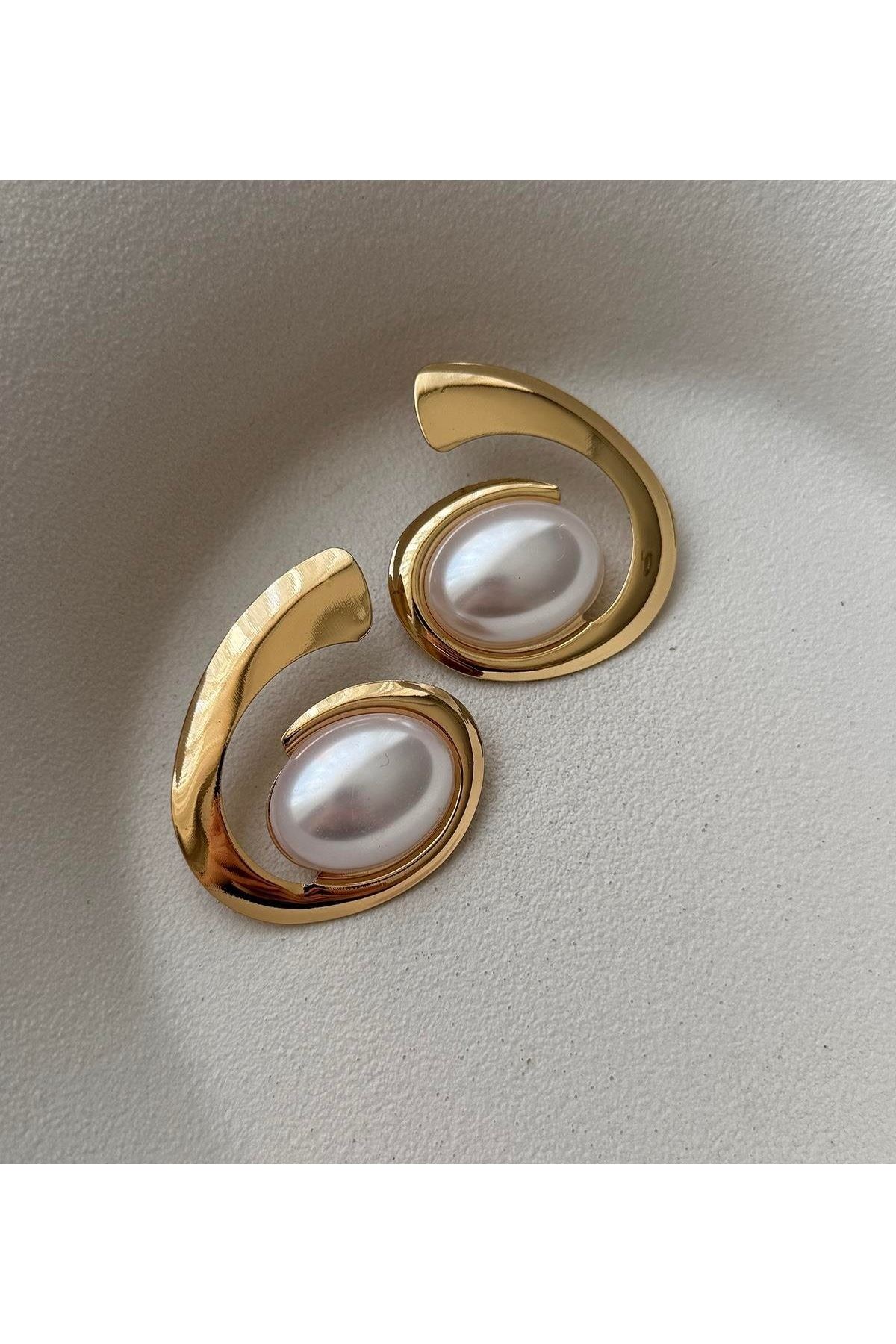 Gold Beyaz İnci Spiral Şık Kadın Küpe