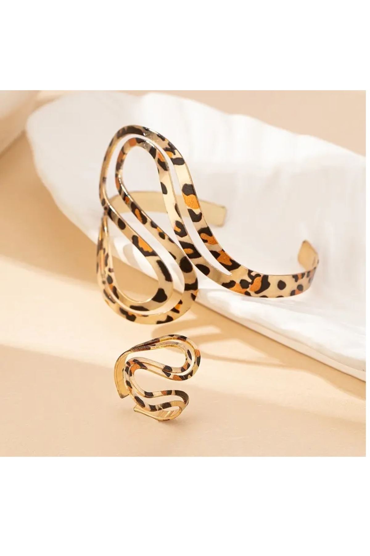 Leopar 2 Parça Vintage Bilezik Yüzük Seti