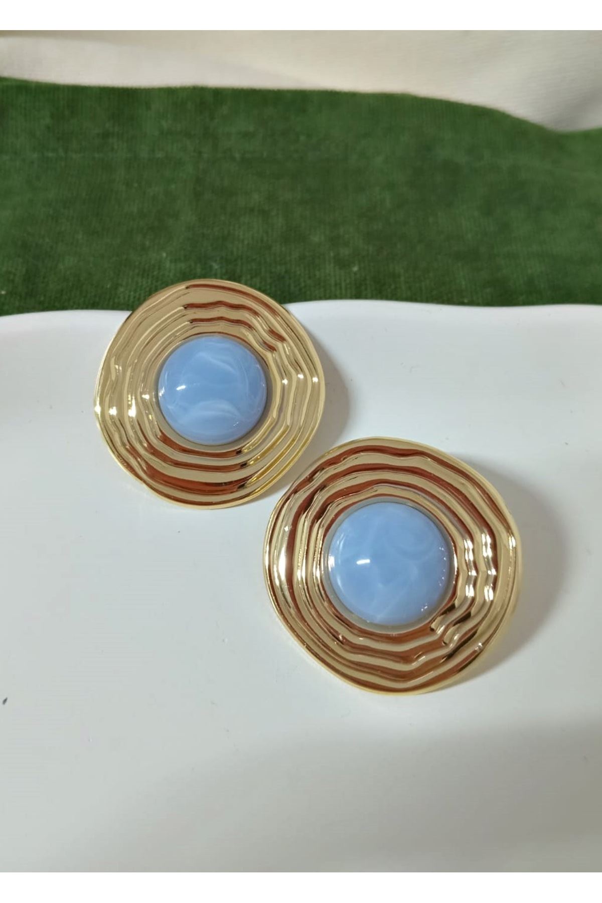 Gold Mavi Detaylı Hafif Şık Kadın Küpe