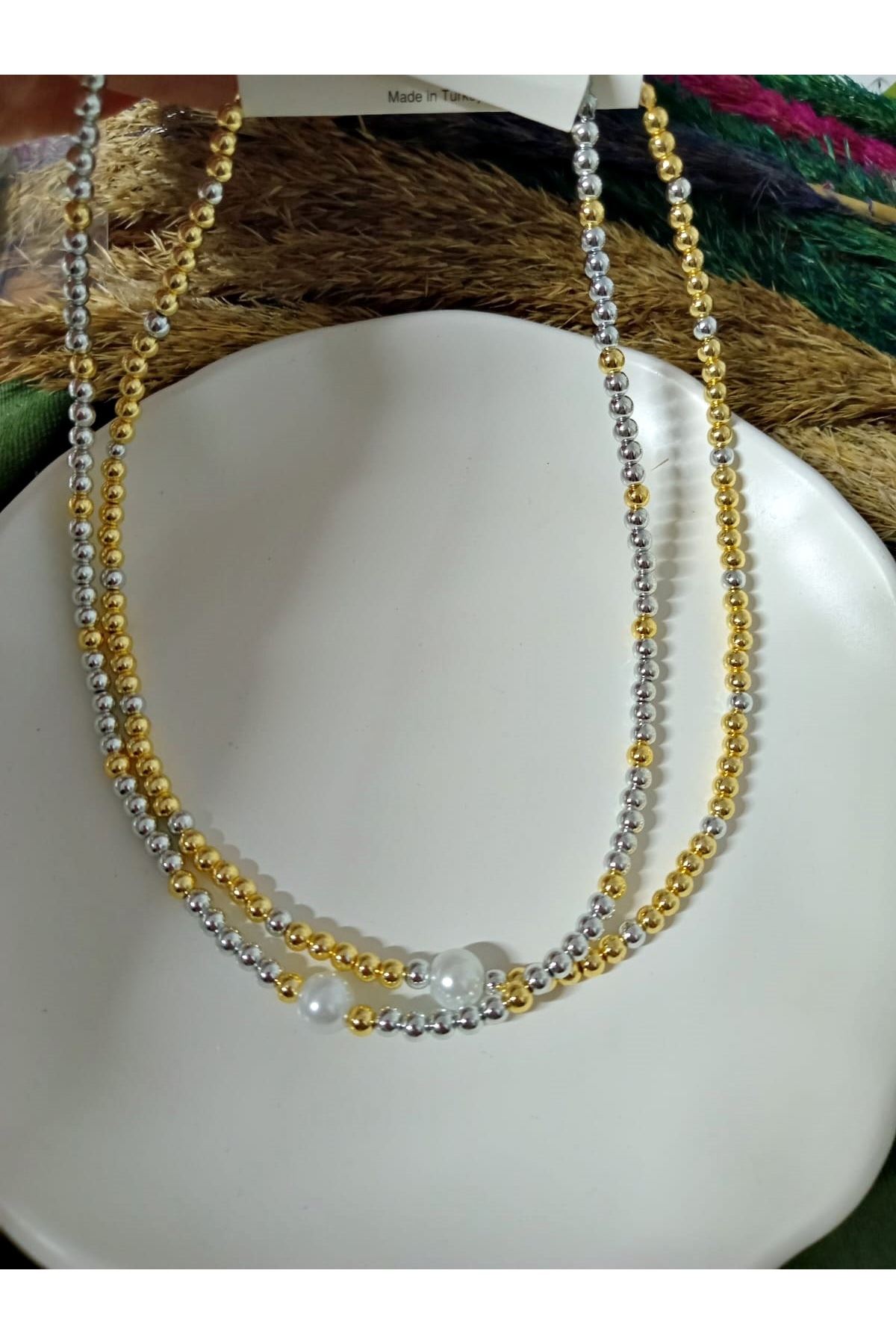 Beyaz İnci Uçlu Dorika Şık Abiye Günlük Gold Kadın Kolye