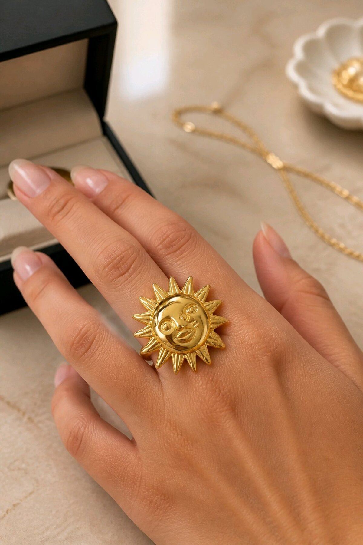 Gold Güneş Ve Ay Model Ayarlanabilir Yüzük