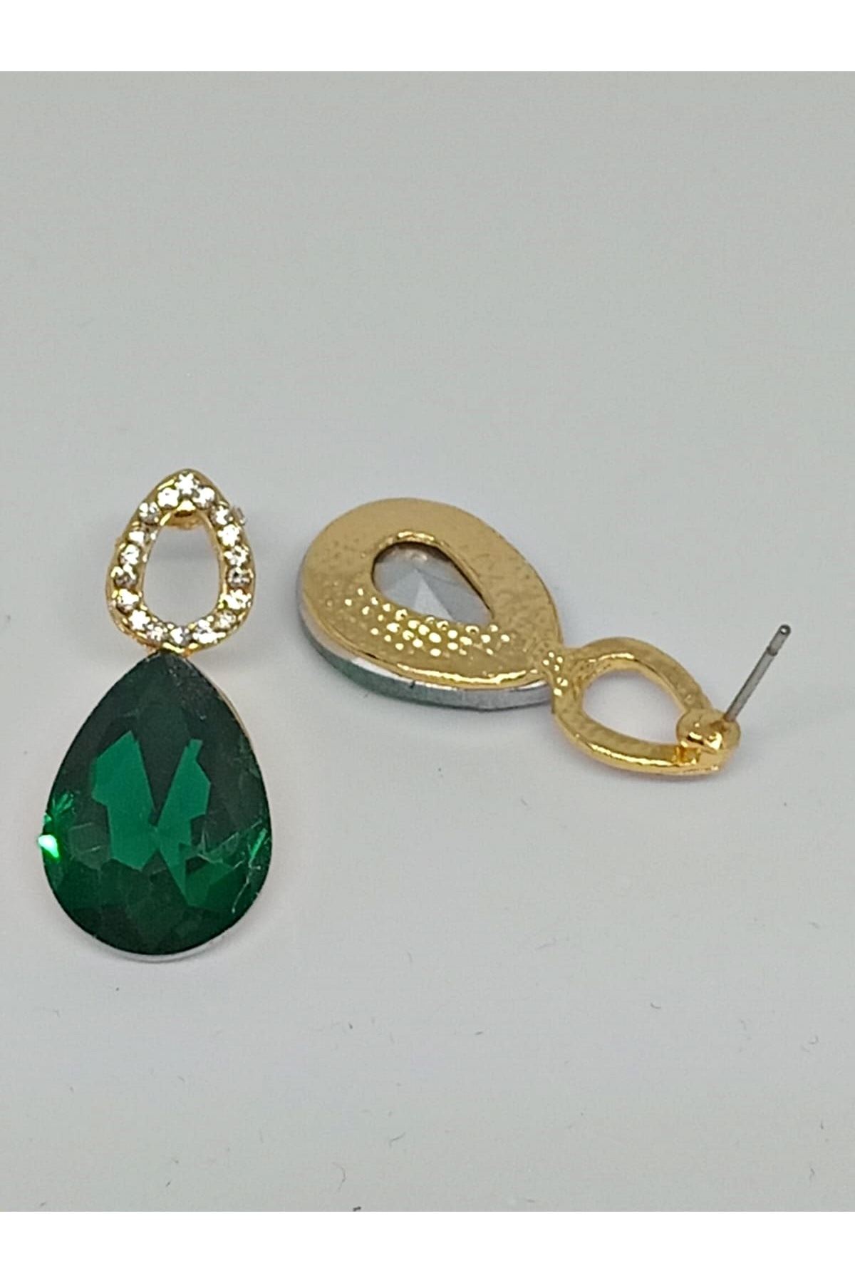 Yeşil Taşlı Damla Gold Kadın Küpe