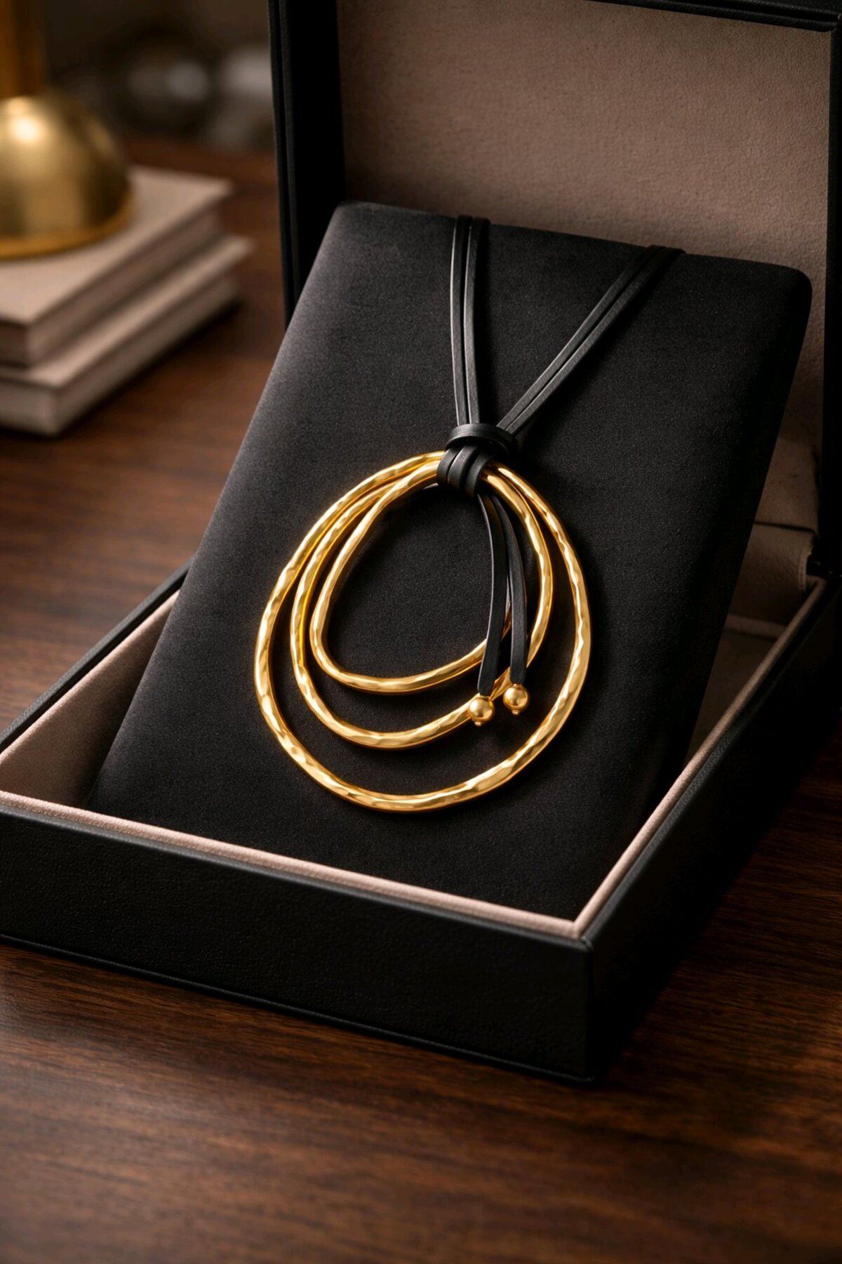 Gold 80cm Büyük Halkalar Deri Kolye, Ayarlanabilir Boy