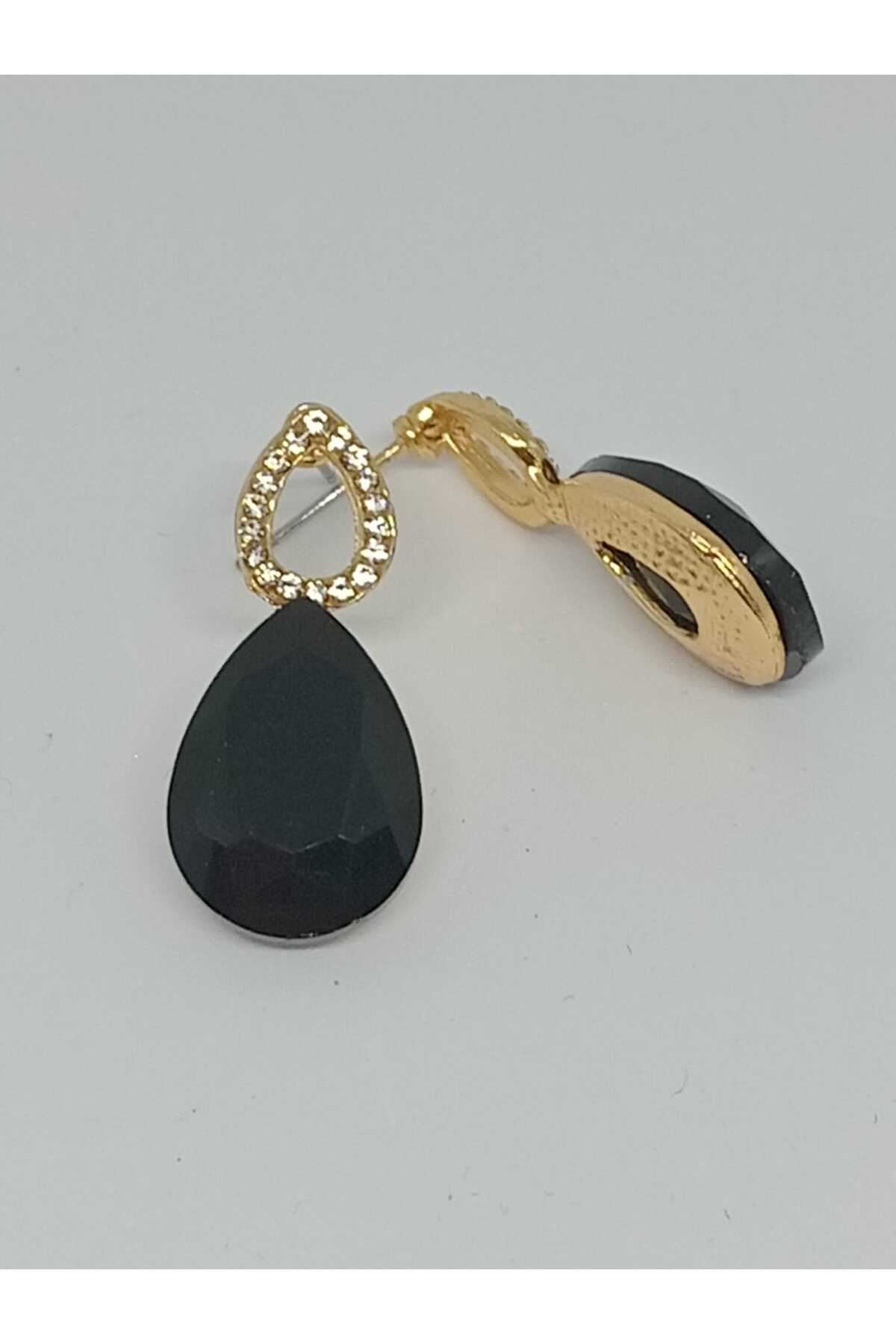 Siyah Taşlı Damla Gold Kadın Küpe