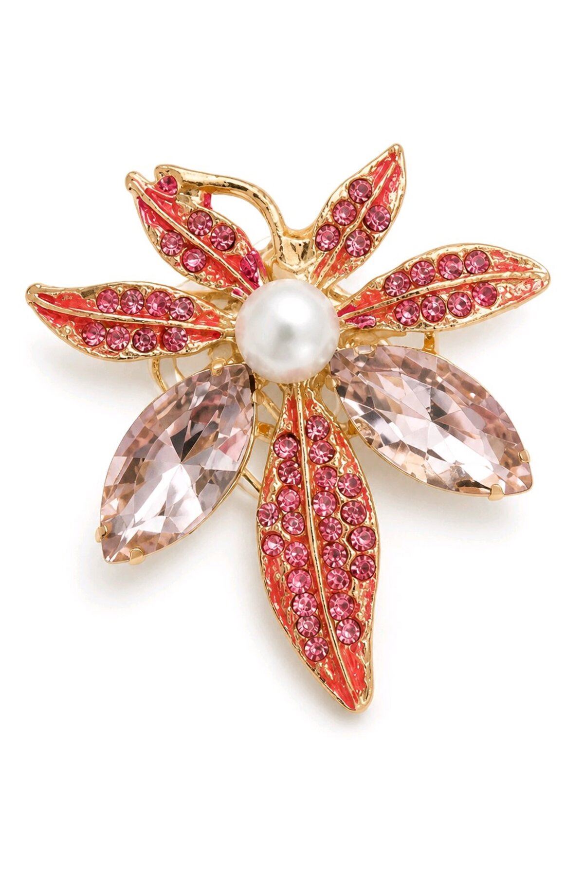 Pembe Taşlı Çiçek Gold Broş, Genişlik: 4cm Yükseklik:5cm