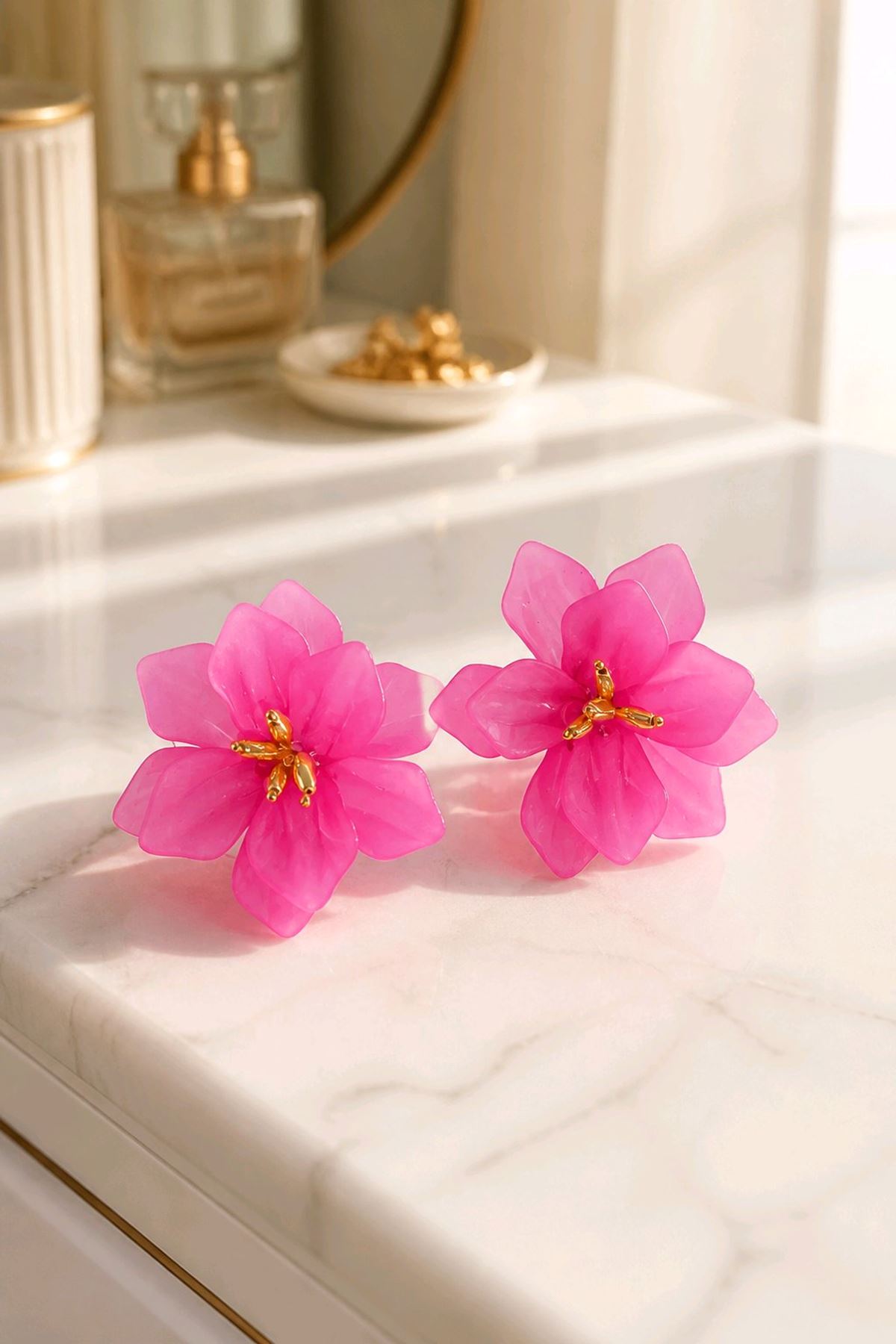 Marka Model, Koyu Pembe Çiçek Reçine Küpe