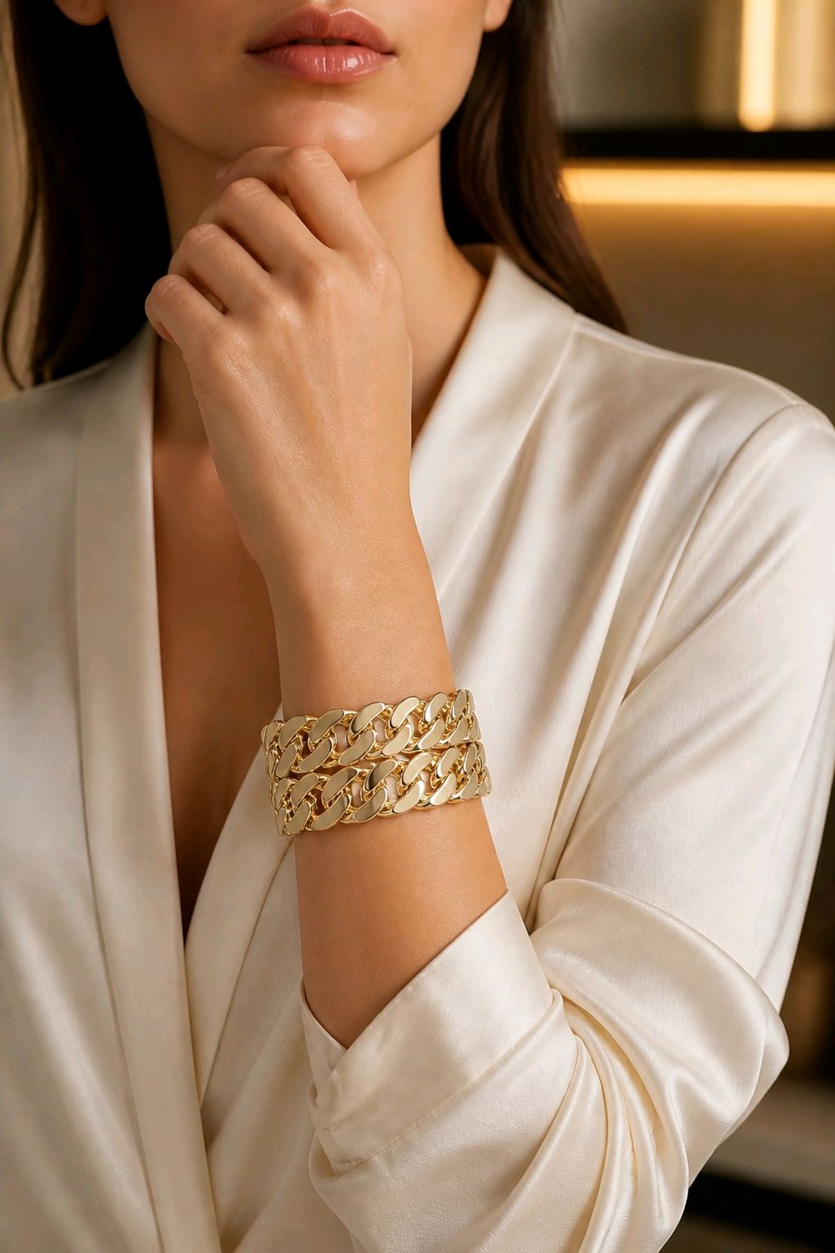 14K Gold Çift Zincir Tasarım Bileklik Kelepçe