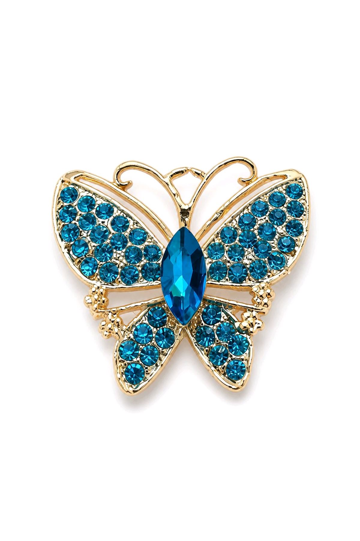 Gold Mavi Taşlı Kelebek Broş, Uzunluk: 4cm, Genişlik: 4cm
