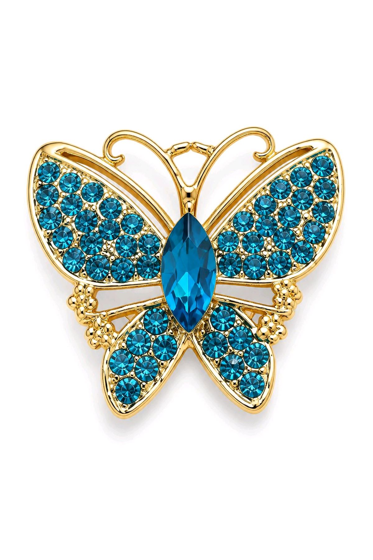 Gold Mavi Taşlı Kelebek Broş, Uzunluk: 4cm, Genişlik: 4cm