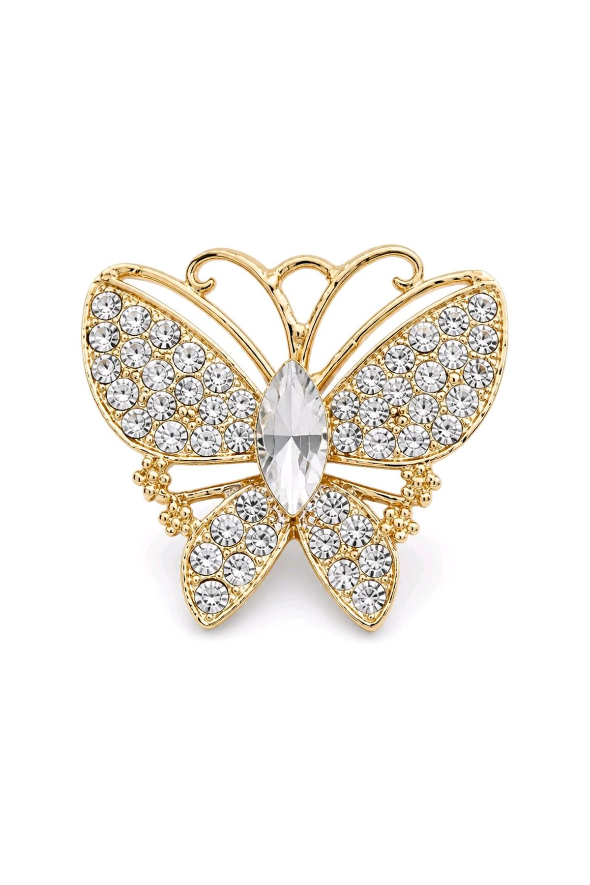 Gold Beyaz Taşlı Kelebek Broş, Uzunluk: 4cm, Genişlik: 4cm 