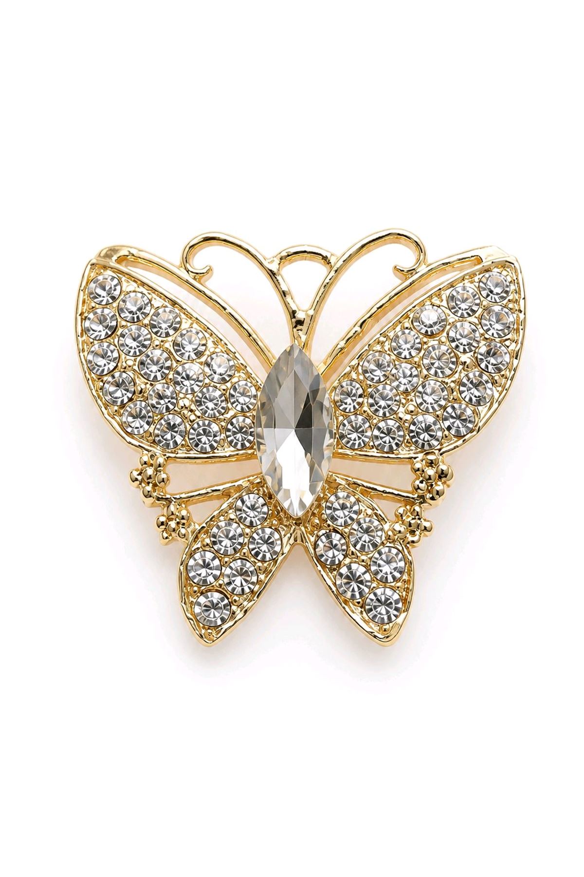 Gold Beyaz Taşlı Kelebek Broş, Uzunluk: 4cm, Genişlik: 4cm 