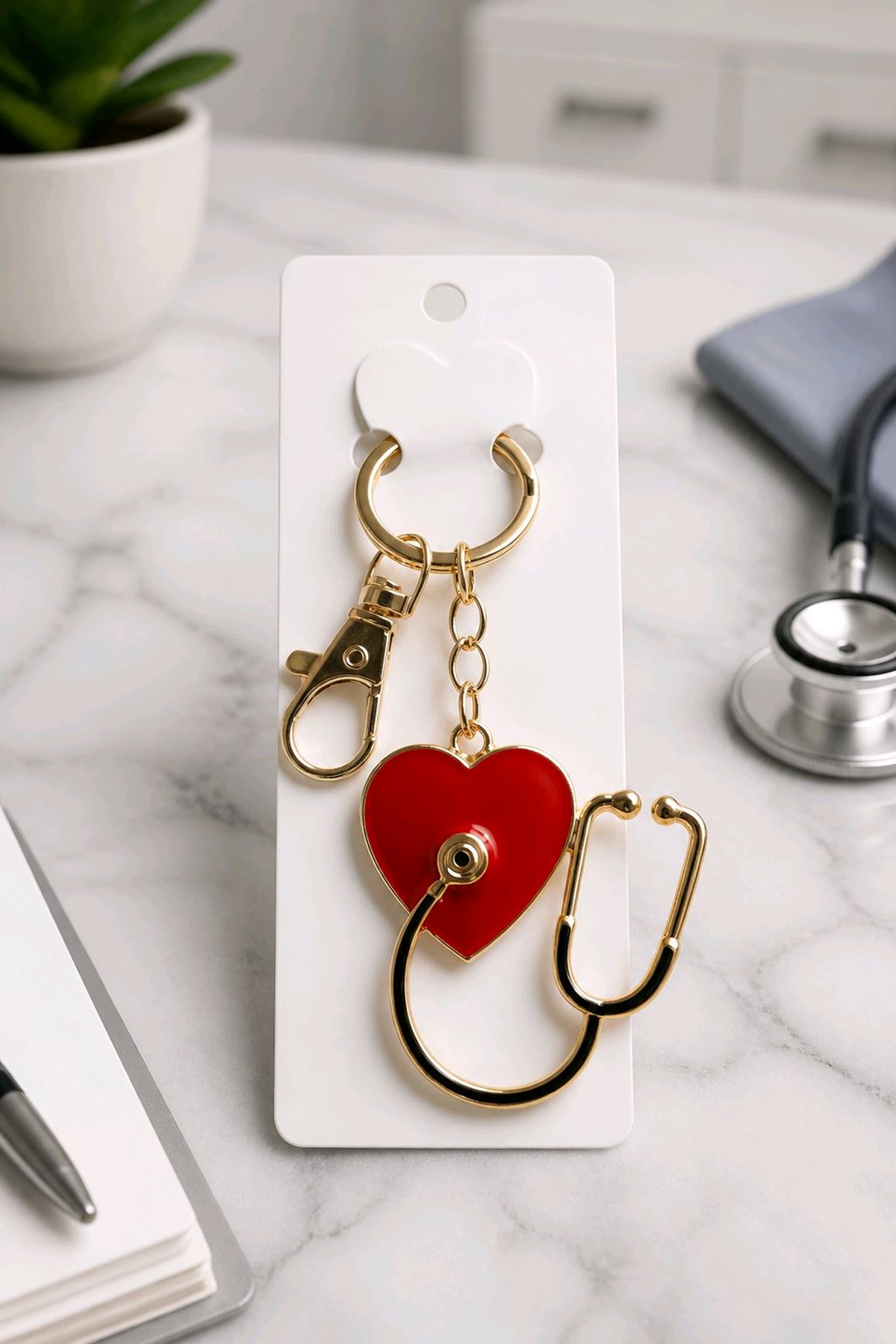 Doktor Steteskop Anahtarlık ve Çanta Aksesuarı, Uzunluk: 9cm