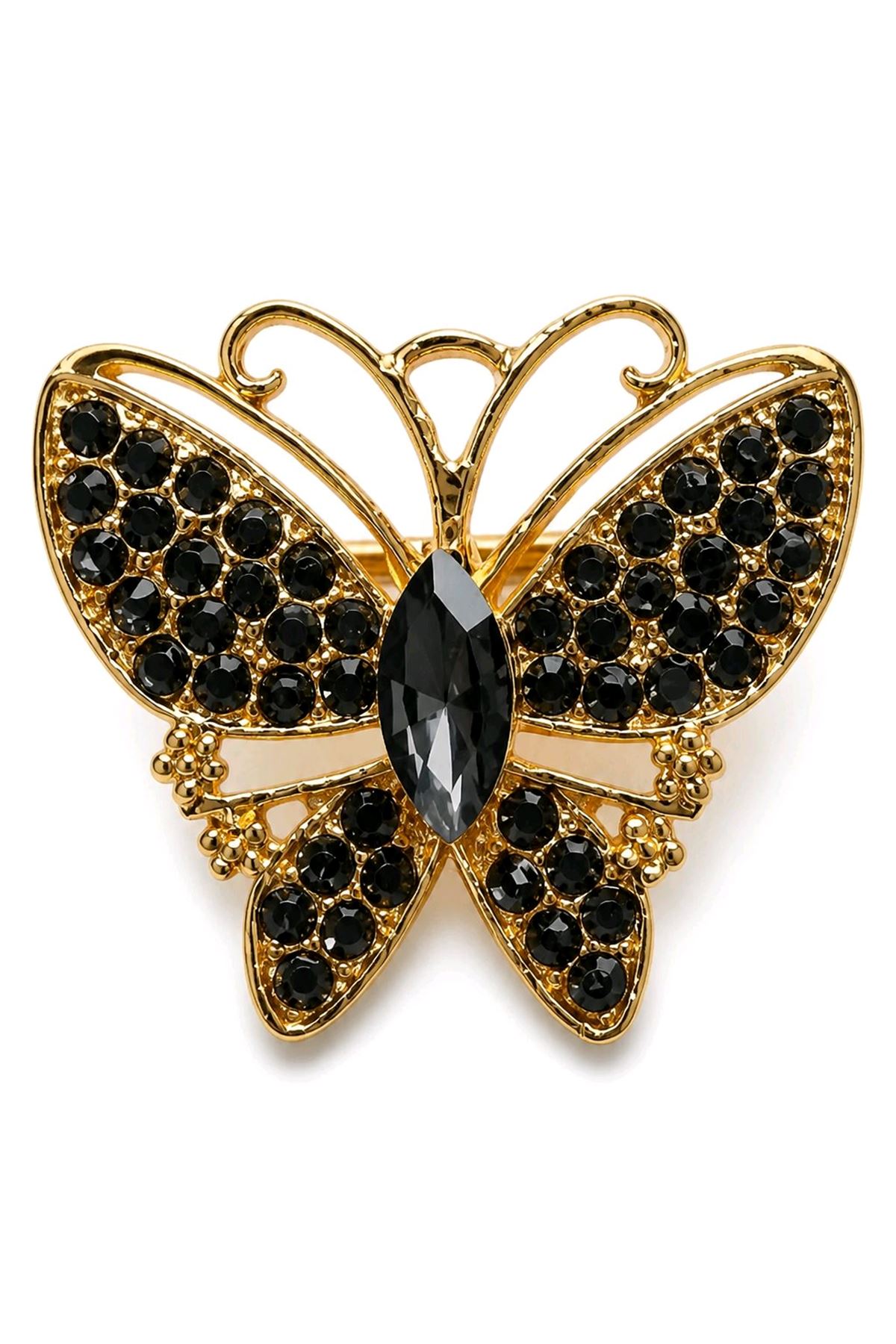Gold Siyah Taşlı Kelebek Broş, Uzunluk: 4cm, Genişlik: 4cm 