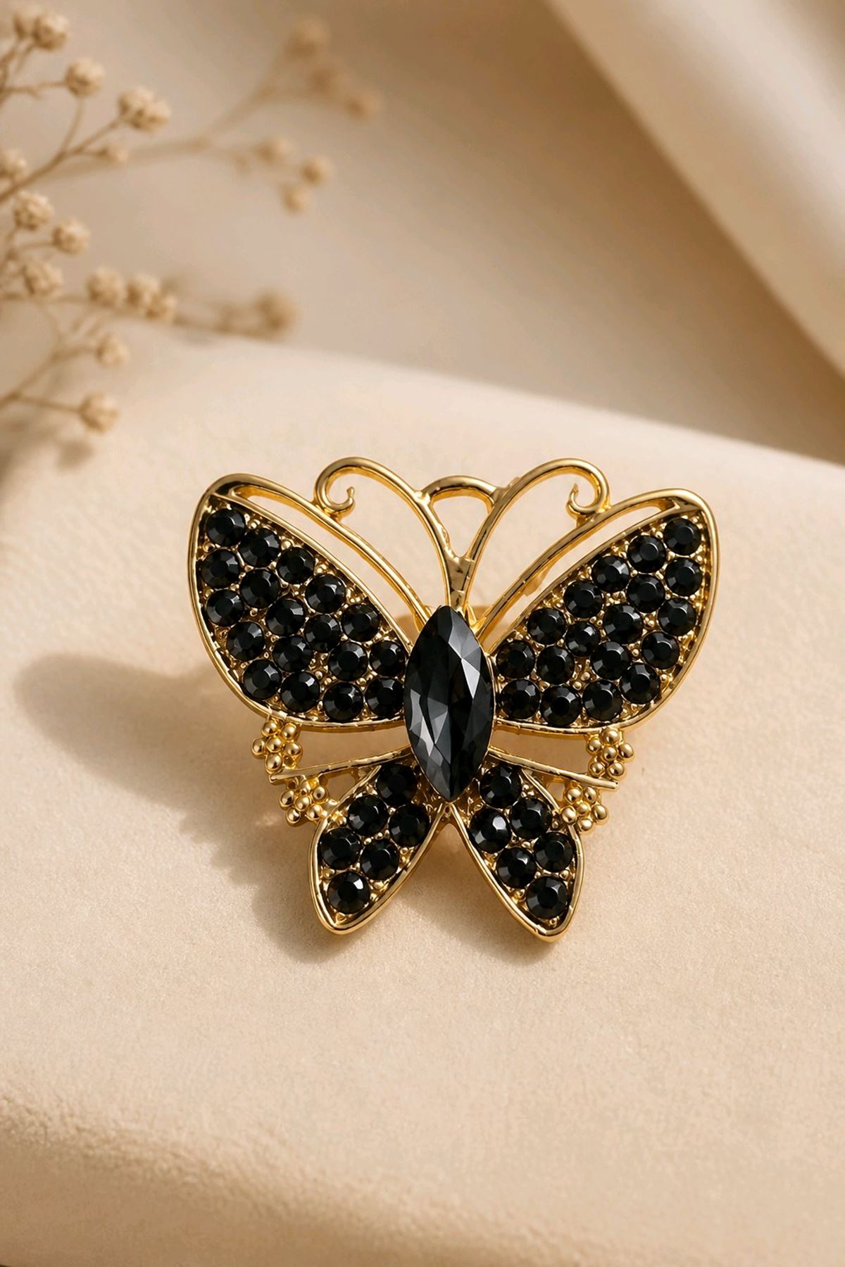 Gold Siyah Taşlı Kelebek Broş, Uzunluk: 4cm, Genişlik: 4cm 