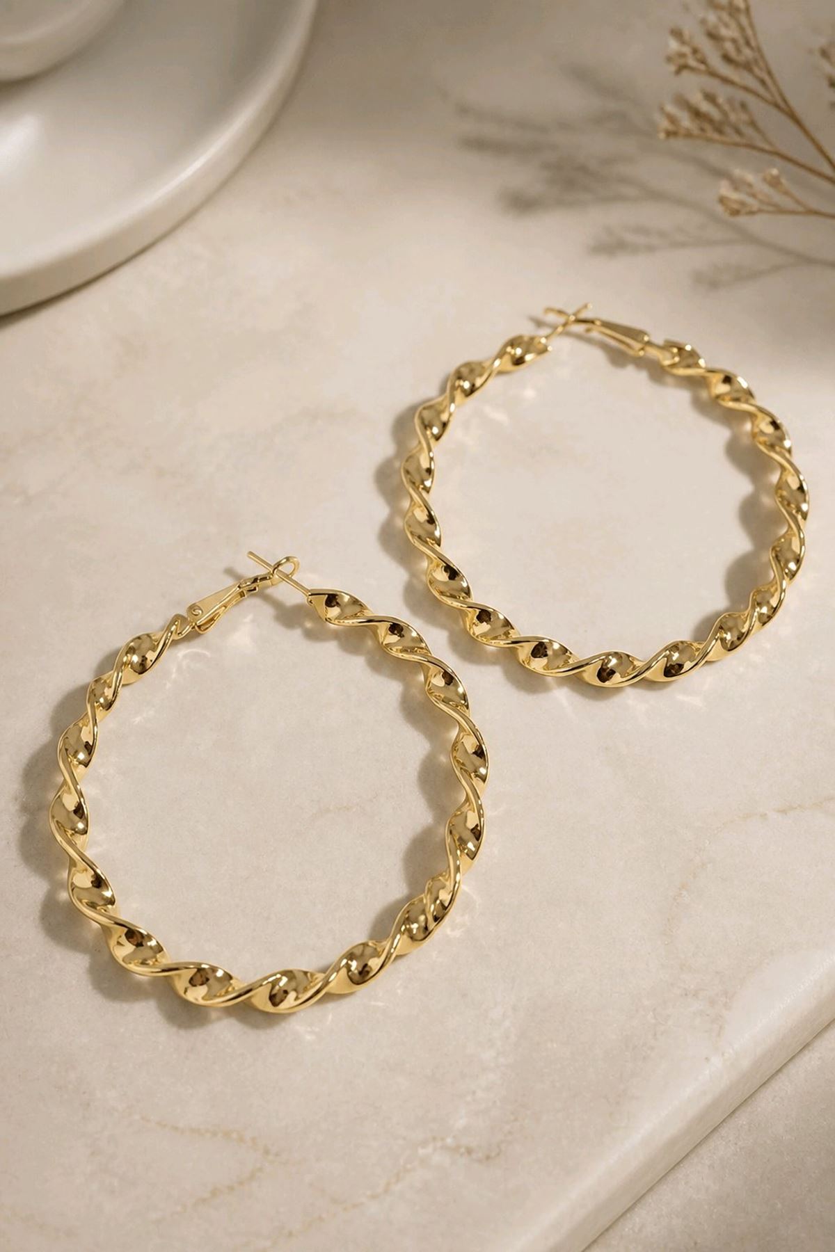 Çelik Gold 6cm Burgulu Halka Küpe, İthal