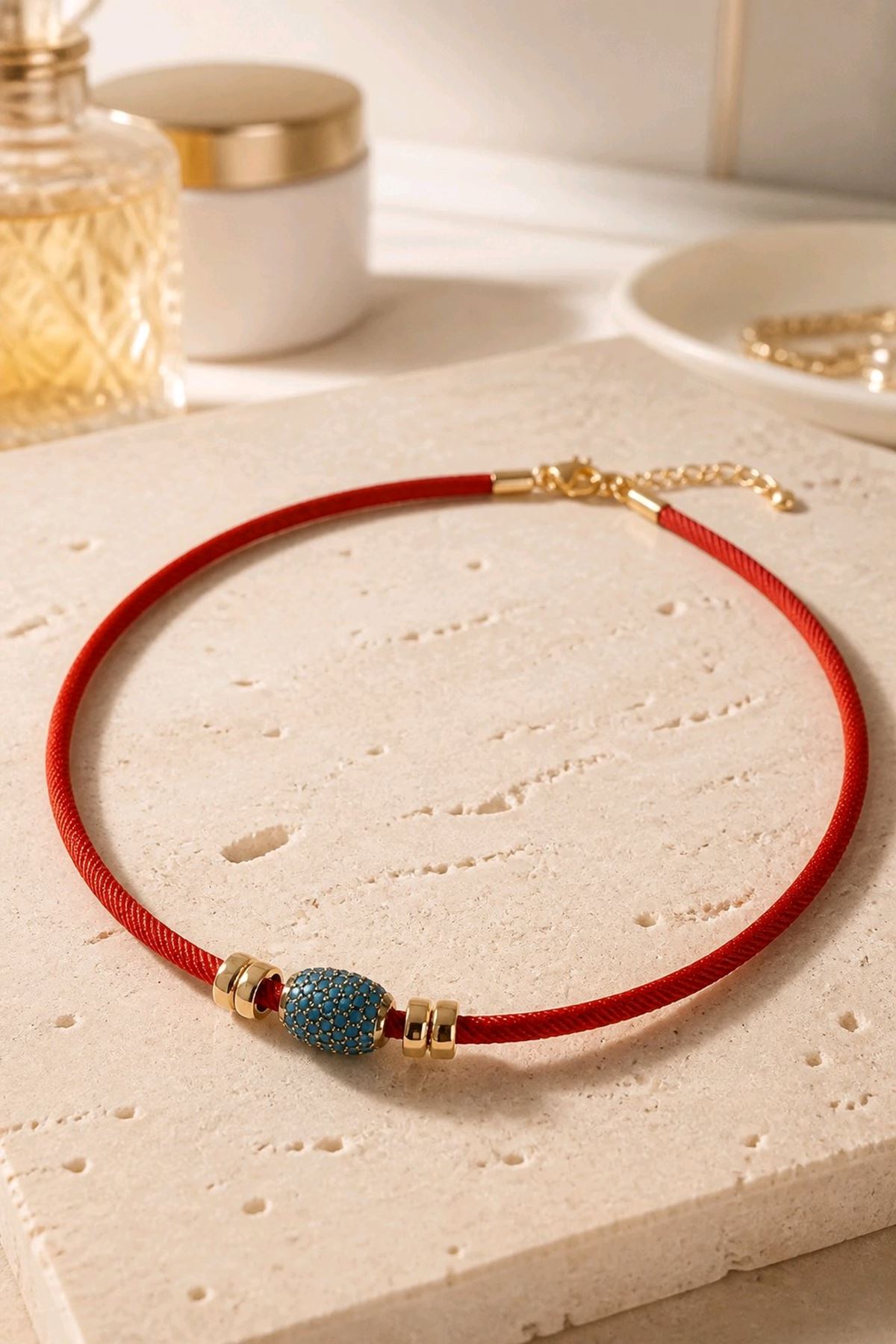Kırmızı İp Mavi Charm Kolye, 40cm+5cm
