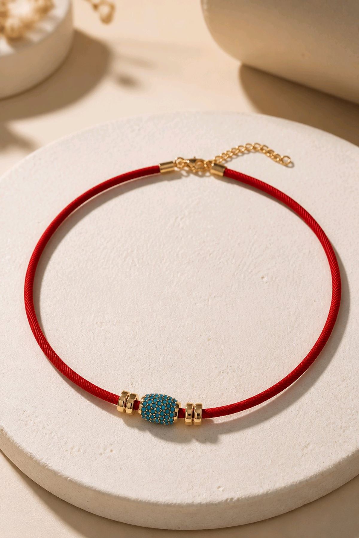 Kırmızı İp Mavi Charm Kolye, 40cm+5cm