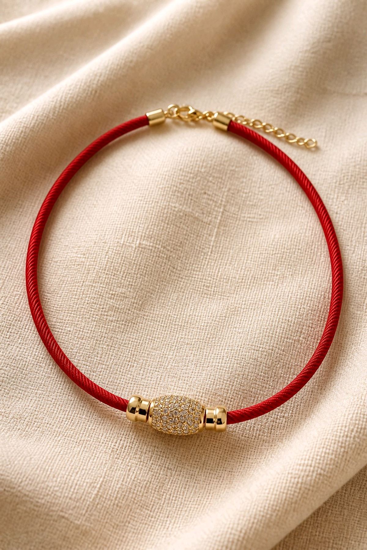 Kırmızı İp Gold Charm Kolye, 40cm+5cm