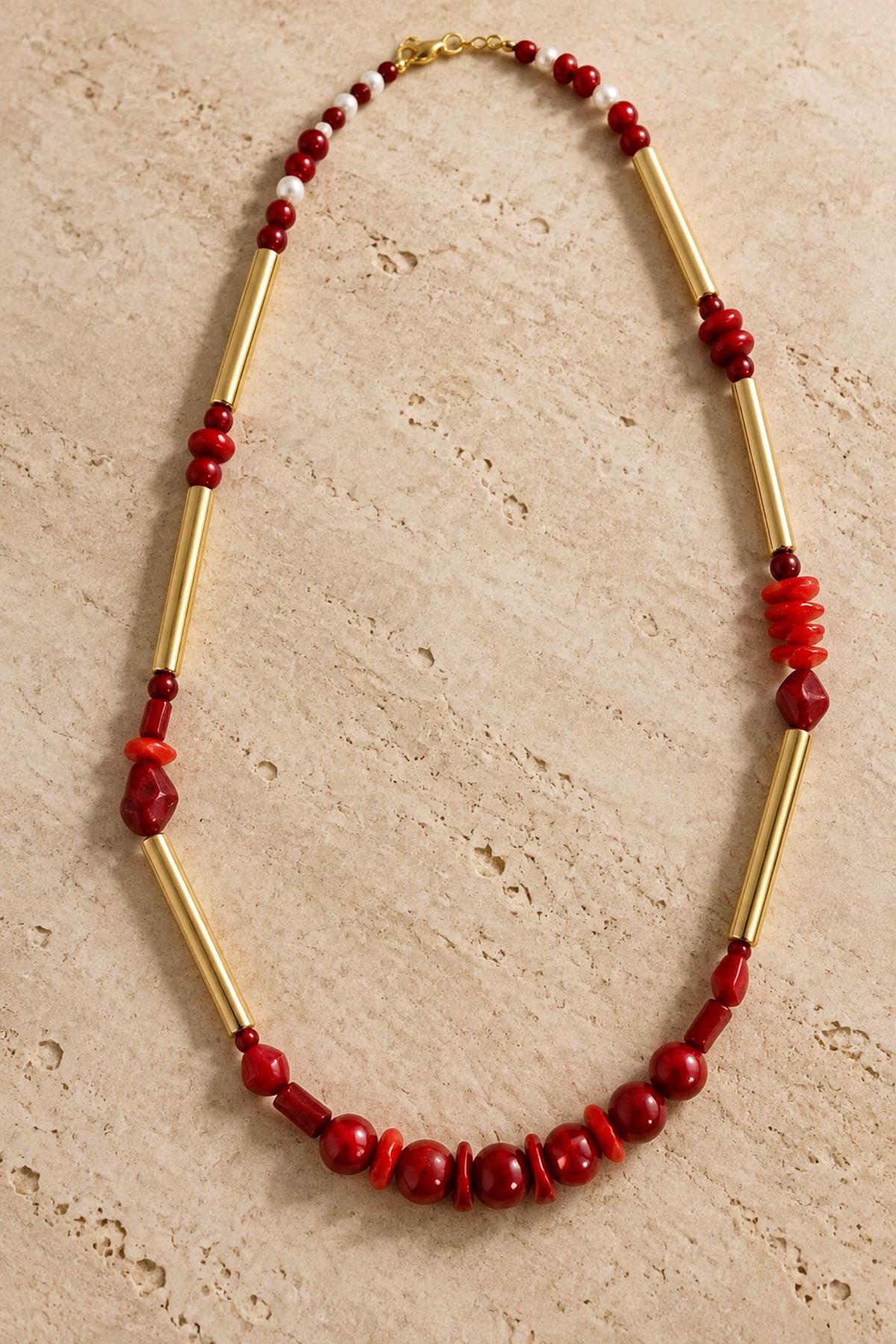 Bordo Boncuklu Gold Kararmaz Kolye, Hafif