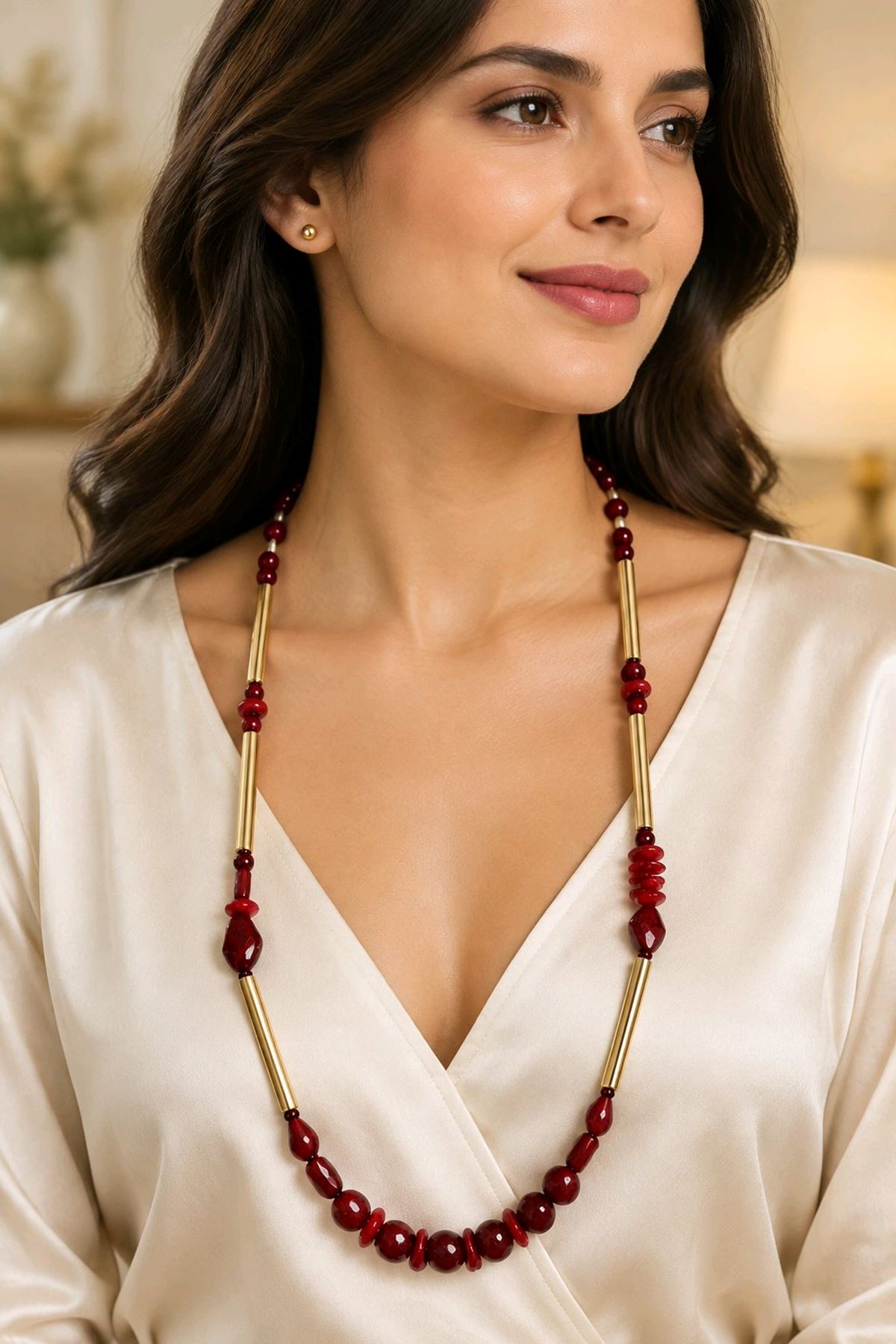 Bordo Boncuklu Gold Kararmaz Kolye, Hafif