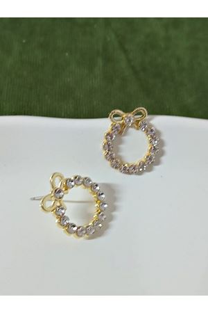 Gold Taşlı Fiyonk Yuvarlak Şık Kadın Küpe