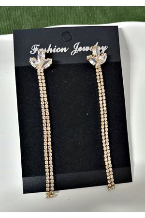 Gold İnce Taşlı Yaprak Uzun Abiye Kadın Küpe