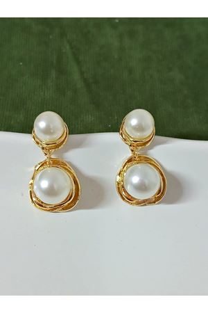 Gold Çift İncili  Şık Kadın Küpe