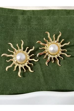 Gold Ortası Incili Güneş Form Şık Kadın Küpe