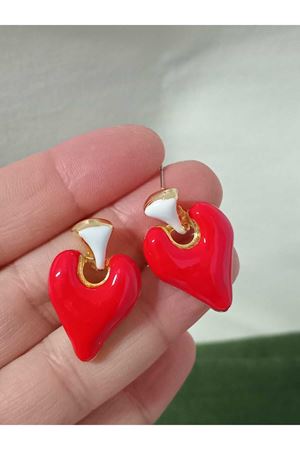 Kırmızı Mineli Kalp Hafif Şık Kadın Küpe