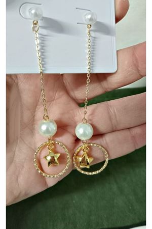 Gold, İnci Yıldız Sallantılı Hafif Şık Kadın Küpe