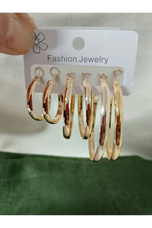 Gold 6 lı Set, 3 Boy Halka Şık Kadın Küpe, Bombeli