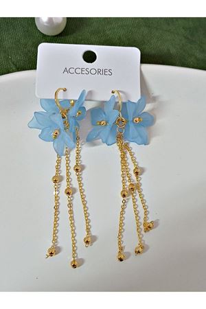 Pastel Pembe Çiçek Gold Sallantılı Uzun Kadın Küpe