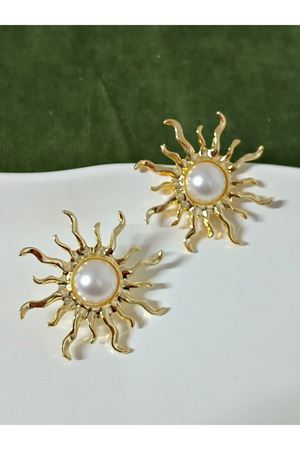 Gold Ortası Incili Güneş Form Şık Kadın Küpe